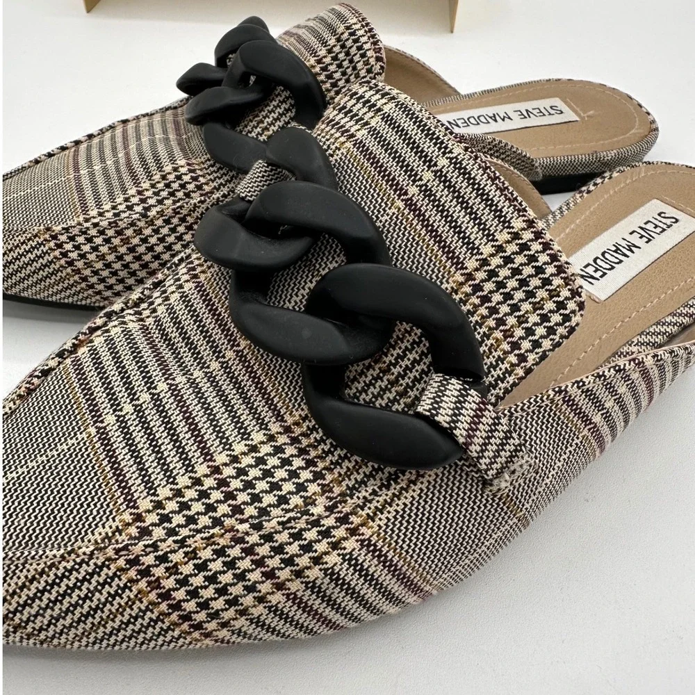 STEVE MADDEN Fleur Pointed Toe Mules Tan Plaid Chunky Black Chain Detail | 7 - Picture 5 of 13